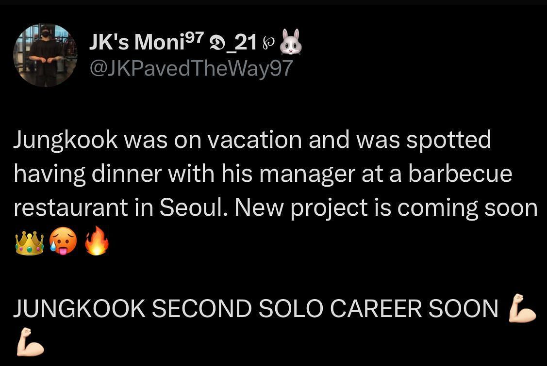A fan comment on BTS Jungkook's spotting (Image via X/@JKPavedTheWay97)